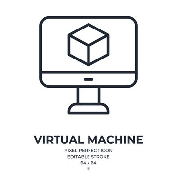 Virtual machine editable stroke outline icon isolated on white background flat vector illustration. Pixel perfect. 64 x 64.