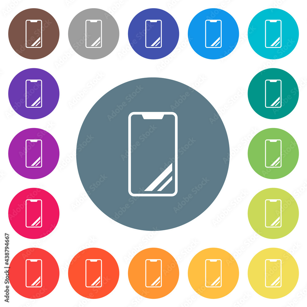 Poster modern smartphone with glossy display flat white icons on round color backgrounds