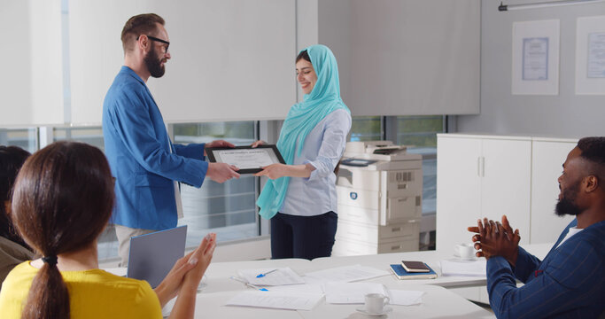 Team Leader Handshake Employee And Giving Certificate Congratulate With Professional Achievement