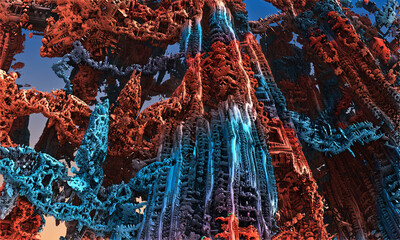 fractal geometric world of intertwining blue and orange columns