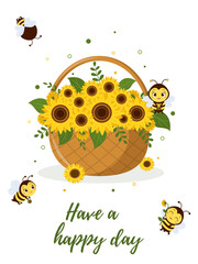 Postcard bouquet of sunflowers in a basket and four cute bees on a white background. Vector illustration, cartoon style.