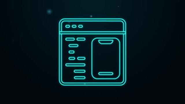 Glowing neon line Software, web developer programming code icon isolated on black background. Javascript computer script random parts of program code. 4K Video motion graphic animation