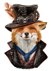 Sly fox in steampunk clothes. Watercolor drawing - 438797093