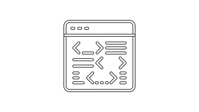 Black line Software, web developer programming code icon isolated on white background. Javascript computer script random parts of program code. 4K Video motion graphic animation