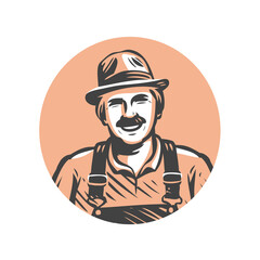 Farmer portrait, organic products logo. Agriculture, farm symbol. Vector sketch illustration
