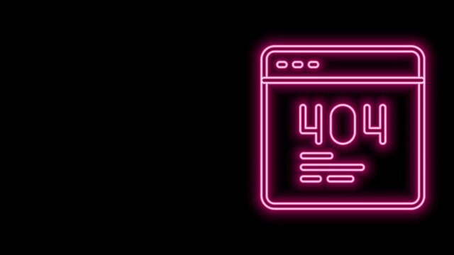 Glowing neon line Page with a 404 error icon isolated on black background. Template reports that the page is not found. 4K Video motion graphic animation