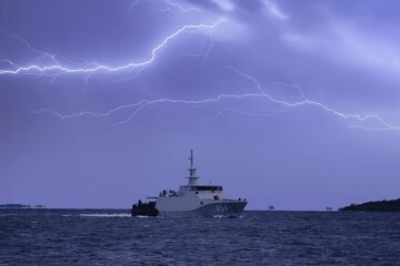 The Background of seascape in the middle of a thunderstorm and lightning sky