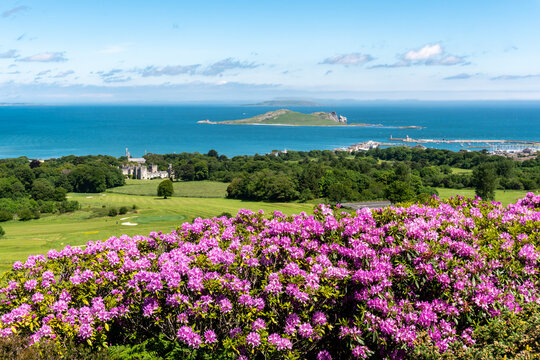View from Howth Hill over Irish Sea, with the Ireland's Eye island in the distance in County Dublin.