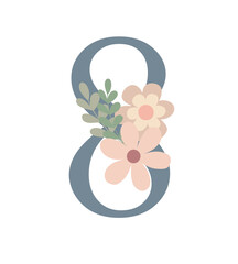 Number decorated with flowers, floral monogram vector illustration in simple boho style, flat pastel colored decorative lettering collection