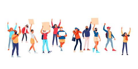 Activists with placards, peaceful rights protest, manifestation, men and women parade participation. Parade rights, adult picket and strike. People hold banners. Cartoon Flat vector illustration.