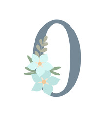 Number decorated with flowers, floral monogram vector illustration in simple boho style, flat pastel colored decorative lettering collection