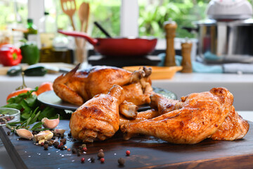 Grilled chicken with ingredient on wooden cutting board in the kitchen