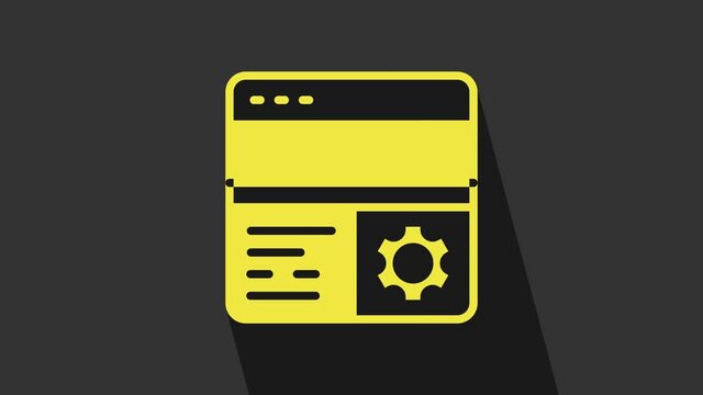 Yellow Debugging icon isolated on grey background. Debugging tool. Magnifying glass on bug programming. Testing and setting software. 4K Video motion graphic animation