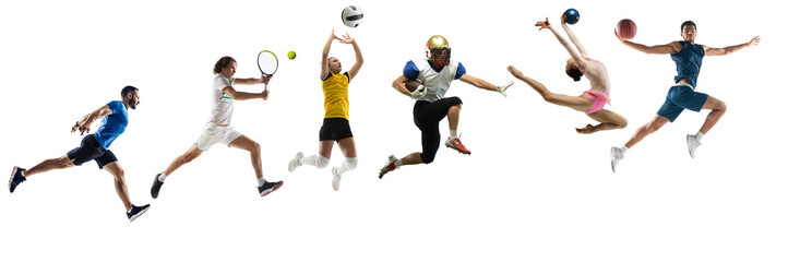 Sport collage. Tennis, basketball, american football, volleyball, gymnastics, running men and women...