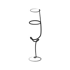 Champagne wineglass on white background. Graphic arts sketch design. Black one line drawing style. Hand drawn image. Alcohol drink concept for restaurant, cafe, party. Freehand drawing style