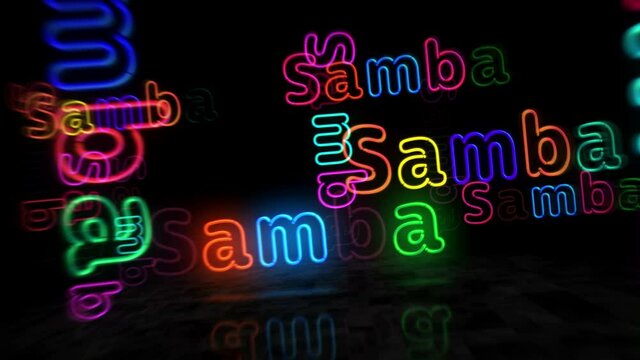 Samba symbol neon symbol. Light color bulbs with Brazil Rio de Janeiro dance festival sign. Abstract concept 3d flying through the tunnel animation.