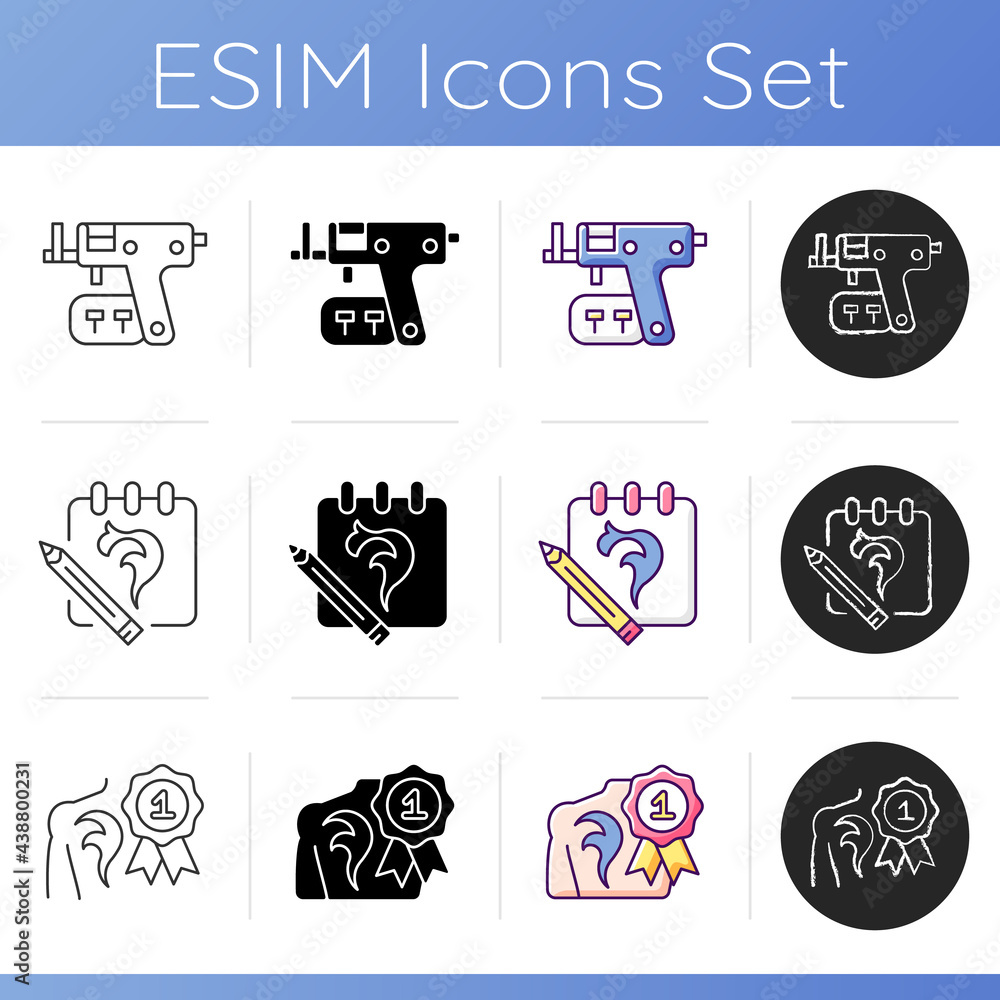Poster tattoo and piercing creation icons set. salon for creating unique body look. special instruments for
