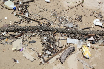 Various bits of man-made pollution debris on a beach.