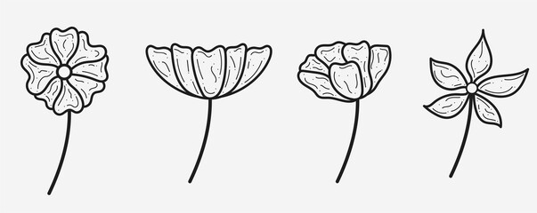 Set of flower icons on white background, isolated. Collection of floral signs for luxury minimalistic boho design. No fill and thin outlines plant symbols, garden and greenery with stem. Flower vector