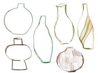 Pencil abstract set of ceramic and metal vases. Vintage illustrations isolated on white background. For design, print, interior or background.