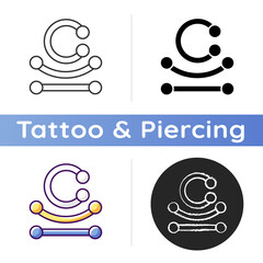 Piercing jewelry icon. Type of jewellery specially designed to be wore on human body. Modern style. Valuable piercing. Linear black and RGB color styles. Isolated vector illustrations