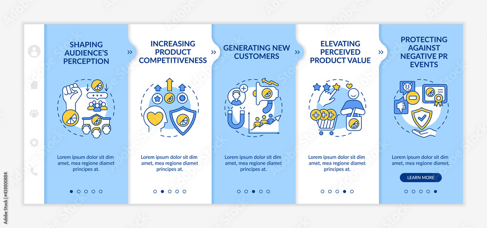 Poster strong brand identity advantages onboarding vector template. responsive mobile website with icons. w