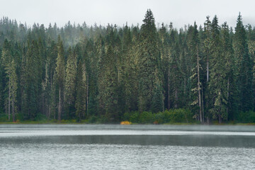 Misty autumn morning on the mountain forest lake during camping.