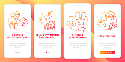 Population growth benefits onboarding mobile app page screen with concepts. Community empowerment walkthrough 4 steps graphic instructions. UI, UX, GUI vector template with linear color illustrations