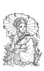 Fairytale forest girl with a big umbrella in his hands in a japanese mantle with wide sleeves and ornaments, elf with a beautiful braided hairstyle and flowers in hair, with little hares in the garden