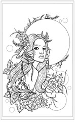 Fairytale forest girl dryad in a half-turn with an bare shoulder, with big lips and long flowing hair, in vegetation and leaves, against the background of large and small planets, in flowering roses.