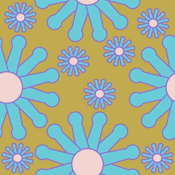 Seamless pattern of abstract blue daisies on an olive background for textile. © smena16