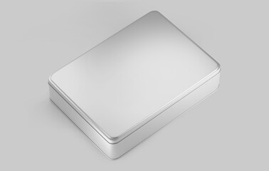 White Rectangular Metal box, blank aluminium can container with lid, 3d rendered isolated on light background