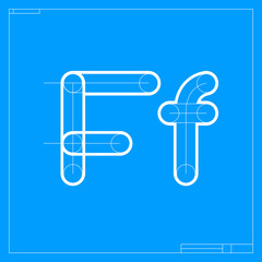 Blueprint sketch letter F logo with construction lines.