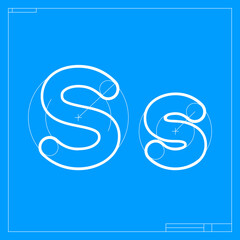 Blueprint sketch letter S logo with construction lines.