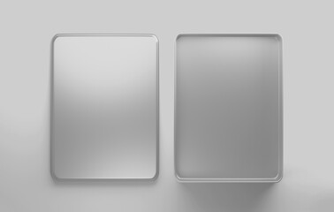 White Rectangular Metal box, blank aluminium can container with lid, 3d rendered isolated on light background