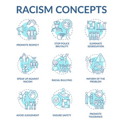 Racism concept icons set. Fighting racial discrimination, intolerance idea thin line color illustrations. Stop police brutality. Avoiding judgement. Vector isolated outline drawings. Editable stroke