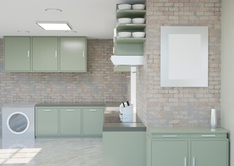 3d render of a modern green kitchen with brick wall style interior wallpaper backgrounds