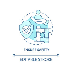 Ensure safety concept icon. Racism at work abstract idea thin line illustration. Promoting racial equity. Supporting migrant workers. Vector isolated outline color drawing. Editable stroke