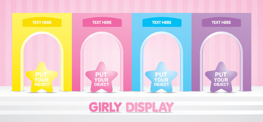 Cute girly arch backdrop with white stair product display on sweet pastel pink striped wall 3d illustration vector for putting your object