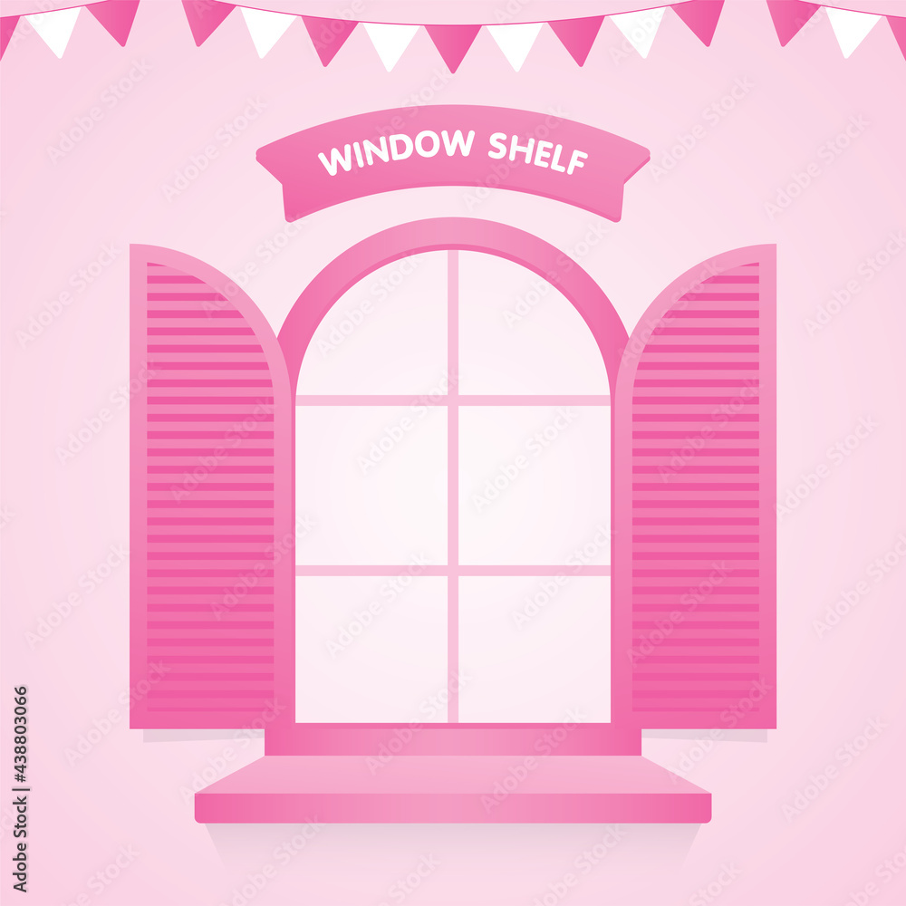 Wall mural girly pink window with shelf and sign on pastel background 3d illustration vector for putting your o