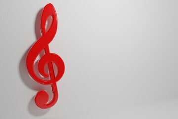 Naklejka premium Treble clef red on a white background. Treble clef and musical melodic notes. Bright musical note. Harmony and melody. 3D illustration