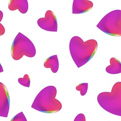 Seamless pattern, shiny purple gradient hearts with rainbow colored edge. Stylish elegant symbols of love, romance, pride. Composition for prints