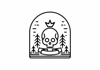 Skeleton head with crown line art badge