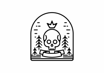 Skeleton head with crown line art badge