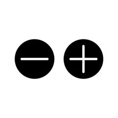 Vector illustration of plus and minus, black and white plus and less symbols on white background