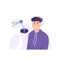 podcast concept, radio announcer, singer, speaker. a podcaster recording in the studio. broadcasting. micropone or recording device. flat style. vector design