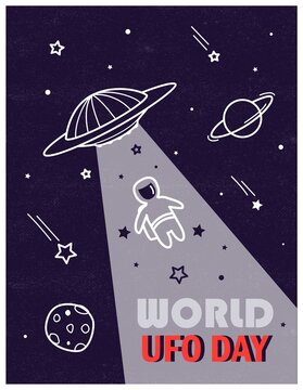 Postcard or poster for world ufo day. Alien space flying ship illuminating cosmonaft flies near planets and kamets against a blue sky with stars. Space background. Retro style.