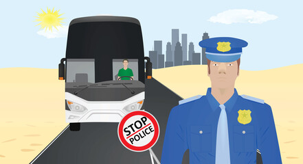 Policeman stops bus to control. vector