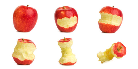 Collection fo fresh apple with bite apple on white background.