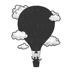 black silhouette of air balloon as background for inscription line art sketch engraving vector illustration. T-shirt apparel print design. Scratch board imitation. Black and white hand drawn image.